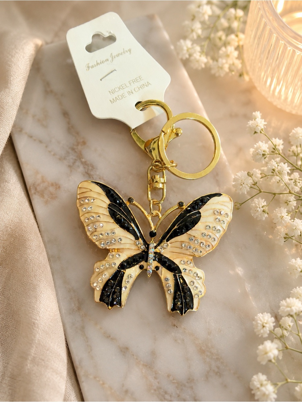 Gold Butterfly Keychain with Black Enamel & Rhinestones